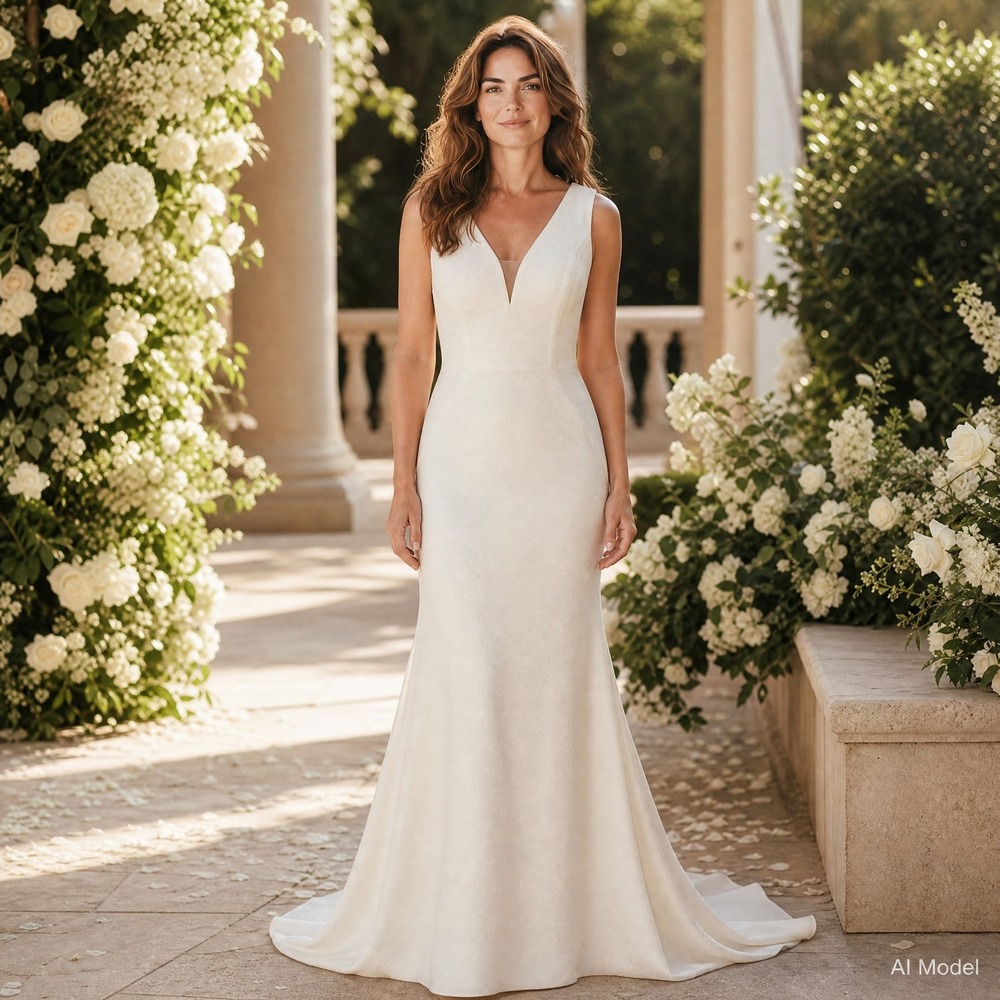 Amelia‎ Couture Mermaid Gown Womens 10 White Shimmer V-Neck Formal Wedding Dress